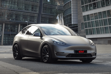 Tesla Model Y on Eibach lowering springs and wheel spacers